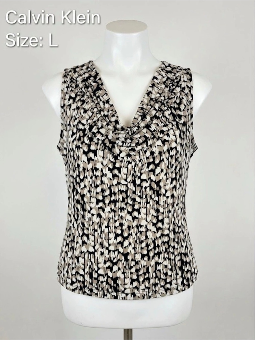 Calvin Klein Abstract Print Cowl Neck Blouse in Black Beige & White Large Like